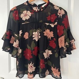 Monteau Los Angeles Black Flowing Floral Blouse Size M